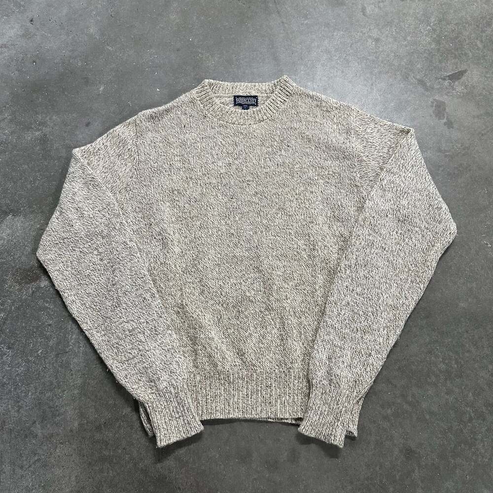 Lands' End Wool Sweater Size L Mens Beige Heather Crewneck USA Made